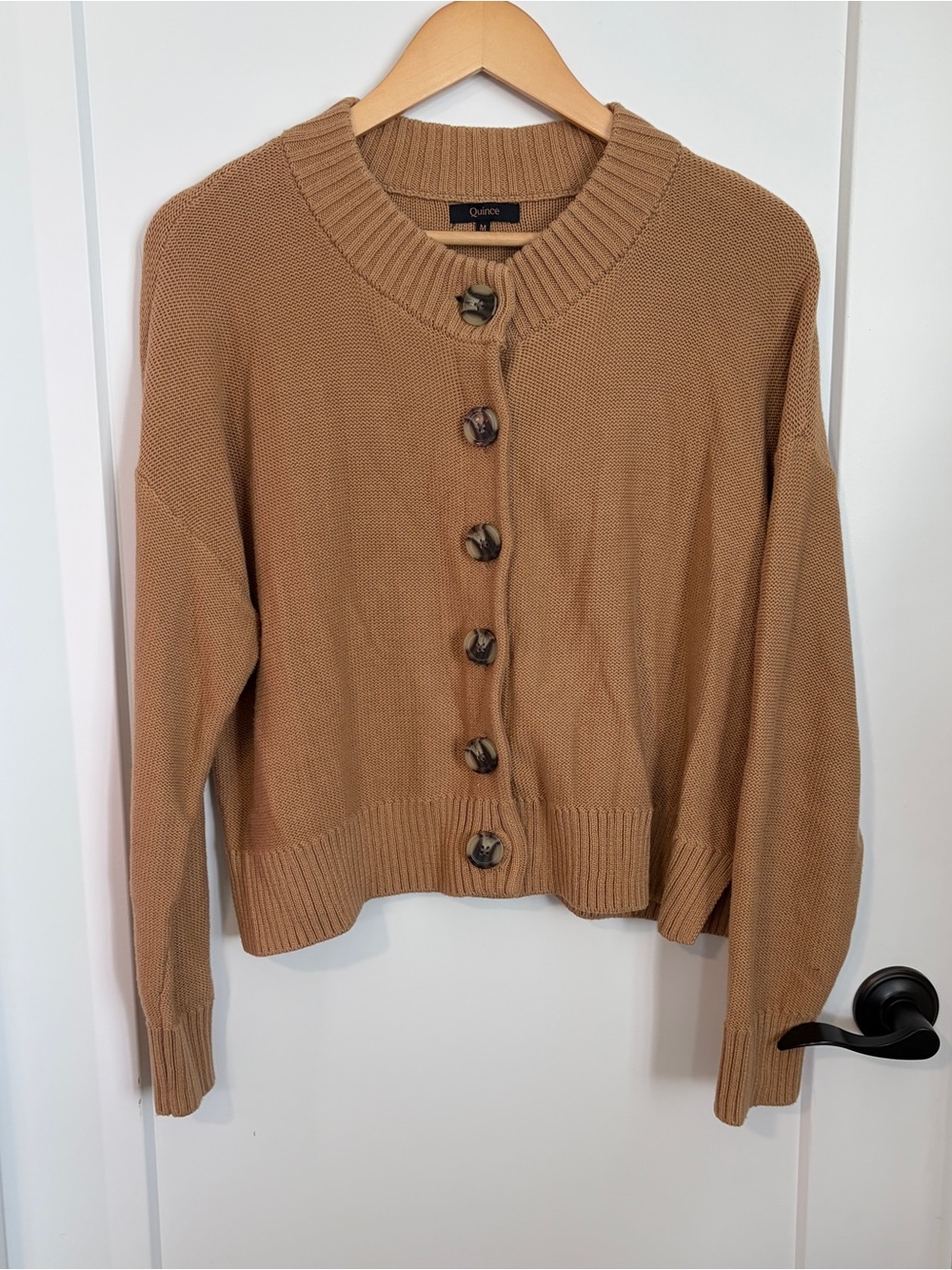 Quince Women's Camel Tan Button-Front Knit Cardigan - 100% Cotton
